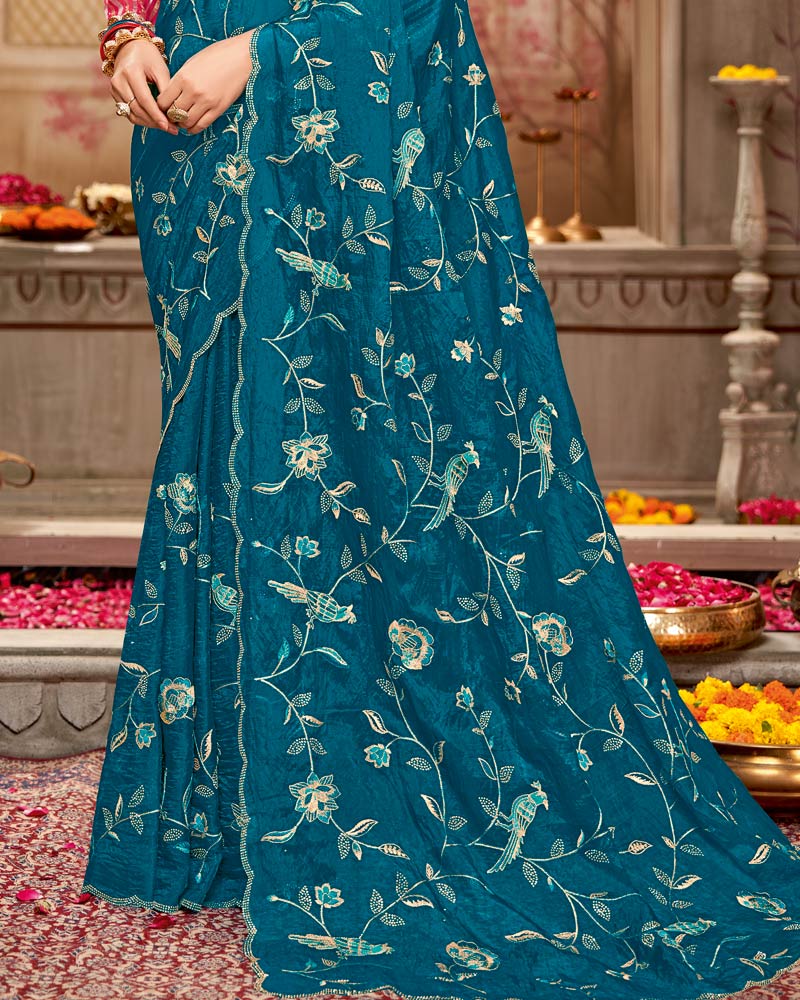 Vishal Prints Peacock Blue Designer Tissue Organza Saree With Embroidery-Diamond Work And Cut Work Border