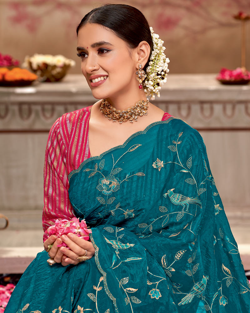 Vishal Prints Peacock Blue Designer Tissue Organza Saree With Embroidery-Diamond Work And Cut Work Border