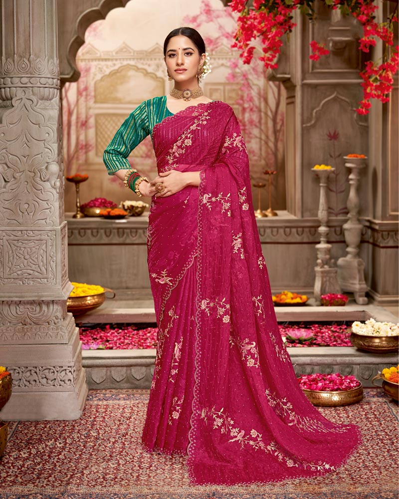 Vishal Prints Purplish Red Designer Tissue Organza Saree With Embroidery-Diamond Work And Cut Work Border