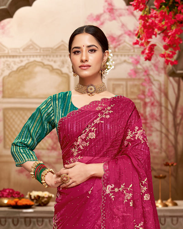 Vishal Prints Purplish Red Designer Tissue Organza Saree With Embroidery-Diamond Work And Cut Work Border