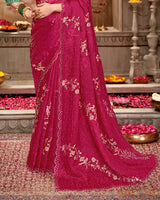 Vishal Prints Purplish Red Designer Tissue Organza Saree With Embroidery-Diamond Work And Cut Work Border