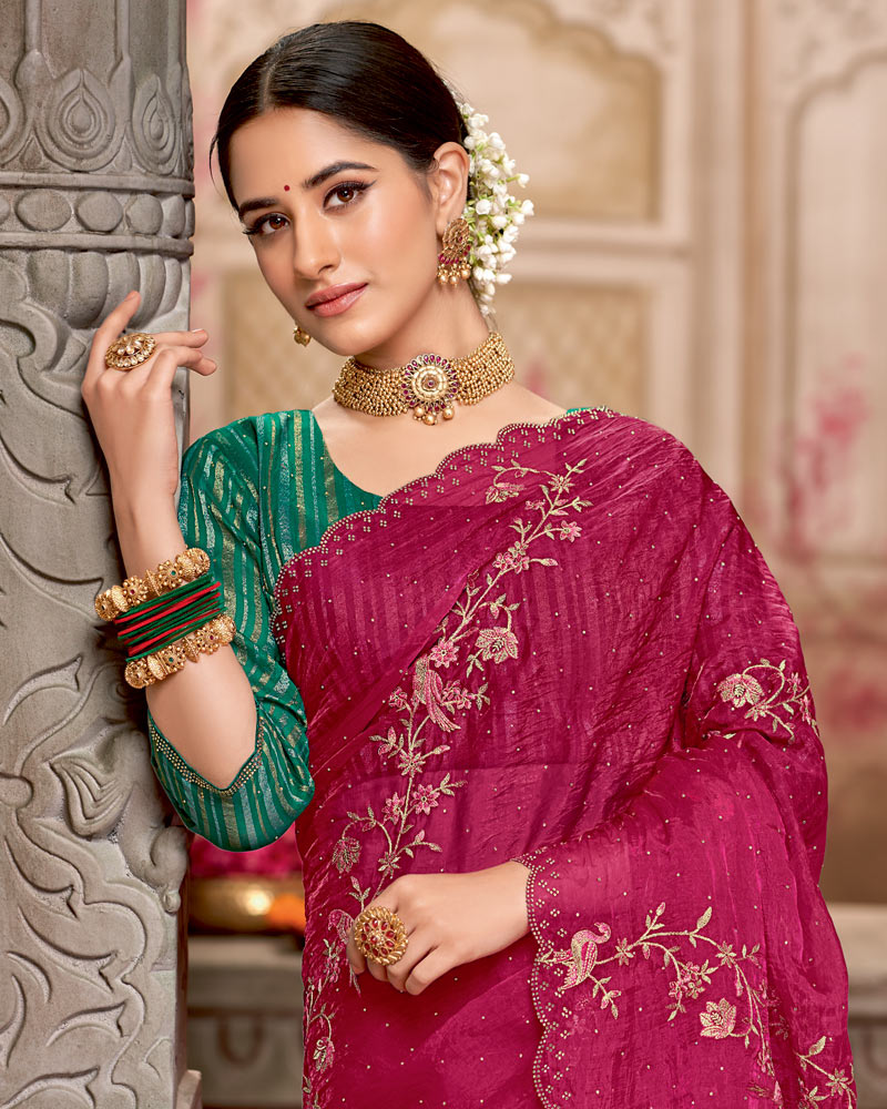 Vishal Prints Purplish Red Designer Tissue Organza Saree With Embroidery-Diamond Work And Cut Work Border