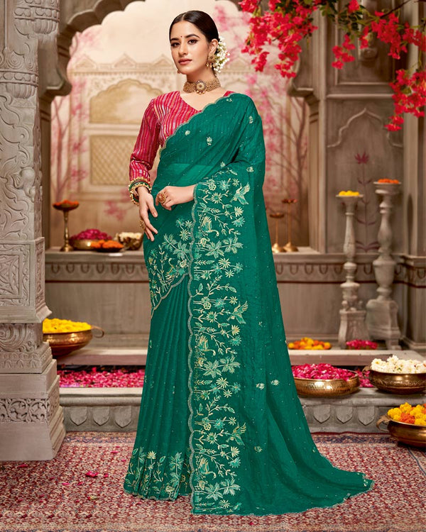 Vishal Prints Tropical Green Designer Tissue Organza Saree With Embroidery-Diamond Work And Cut Work Border