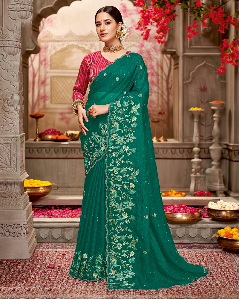 Vishal Prints Tropical Green Designer Tissue Organza Saree With Embroidery-Diamond Work And Cut Work Border