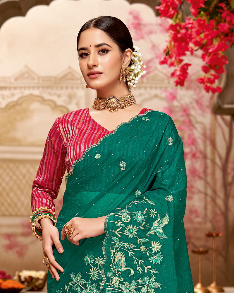 Vishal Prints Tropical Green Designer Tissue Organza Saree With Embroidery-Diamond Work And Cut Work Border