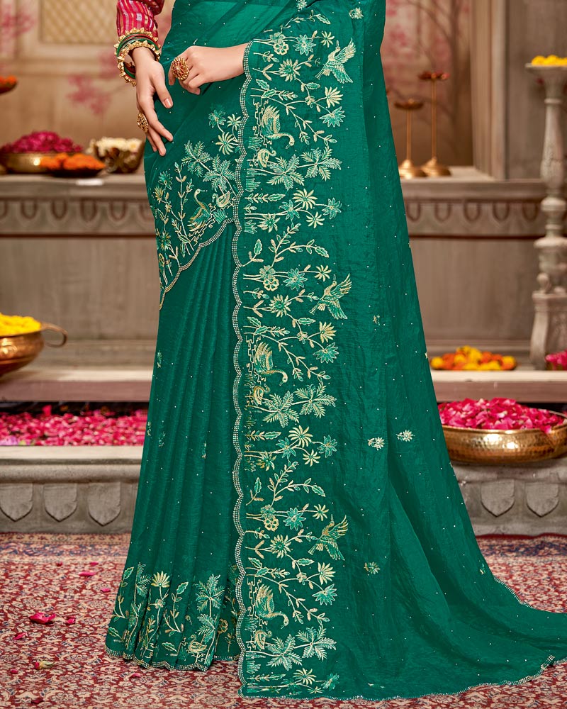 Vishal Prints Tropical Green Designer Tissue Organza Saree With Embroidery-Diamond Work And Cut Work Border