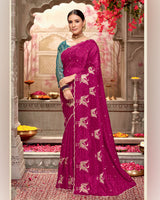 Vishal Prints Dark Fuchsia Designer Tissue Organza Saree With Embroidery-Diamond Work And Cut Work Border