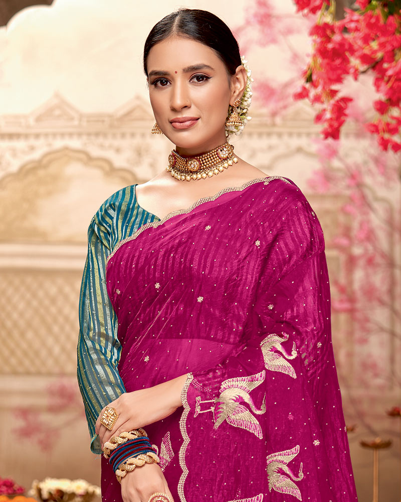 Vishal Prints Dark Fuchsia Designer Tissue Organza Saree With Embroidery-Diamond Work And Cut Work Border
