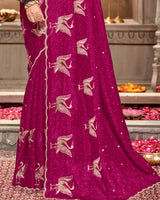 Vishal Prints Dark Fuchsia Designer Tissue Organza Saree With Embroidery-Diamond Work And Cut Work Border