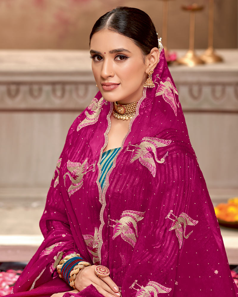 Vishal Prints Dark Fuchsia Designer Tissue Organza Saree With Embroidery-Diamond Work And Cut Work Border