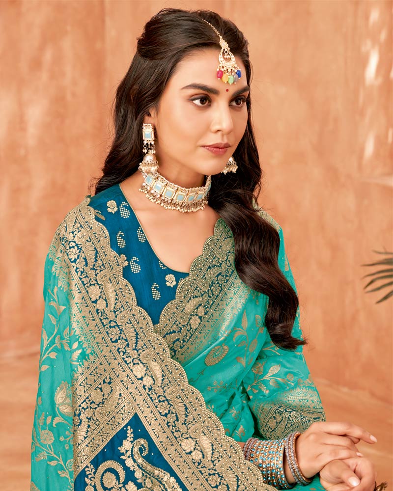 Vishal Prints Sea Green Designer Dola Silk Saree With Weaving-Diamond Work And Cut Work Border