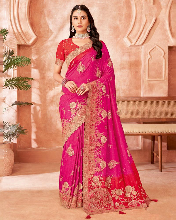 Vishal Prints Hot Pink Designer Dola Silk Saree With Weaving-Diamond Work And Cut Work Border