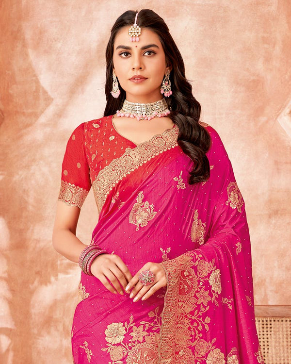 Vishal Prints Hot Pink Designer Dola Silk Saree With Weaving-Diamond Work And Cut Work Border