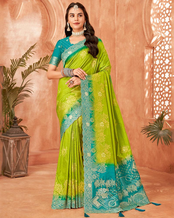 Vishal Prints Pistachio Green Designer Dola Silk Saree With Weaving-Diamond Work And Cut Work Border
