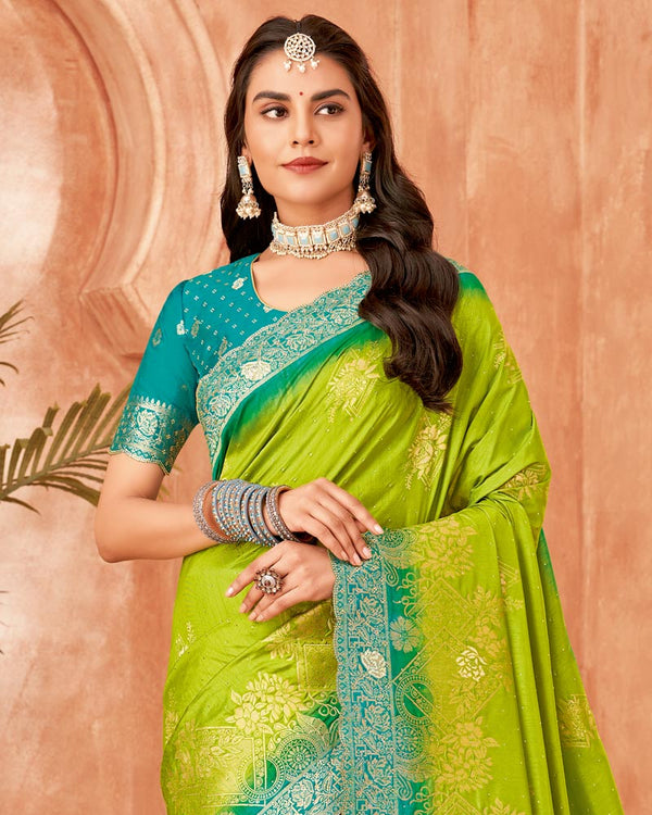 Vishal Prints Pistachio Green Designer Dola Silk Saree With Weaving-Diamond Work And Cut Work Border