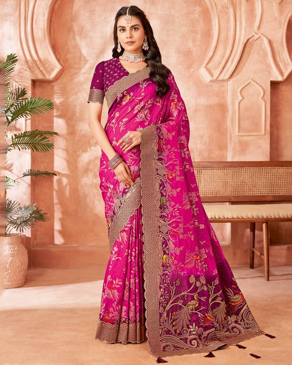 Vishal Prints Dark Deep Rose Designer Dola Silk Saree With Weaving-Diamond Work And Cut Work Border