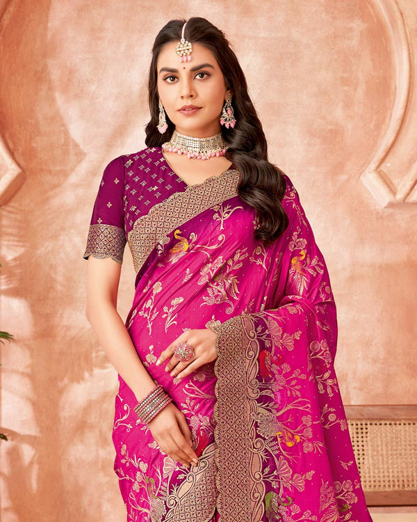 Vishal Prints Dark Deep Rose Designer Dola Silk Saree With Weaving-Diamond Work And Cut Work Border