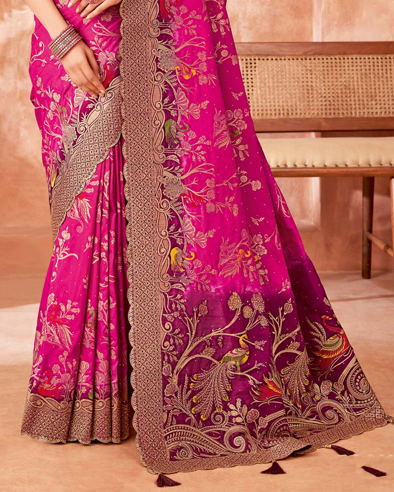 Vishal Prints Dark Deep Rose Designer Dola Silk Saree With Weaving-Diamond Work And Cut Work Border