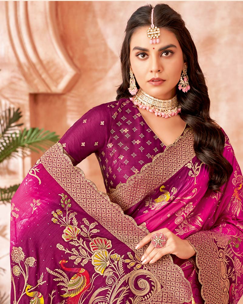 Vishal Prints Dark Deep Rose Designer Dola Silk Saree With Weaving-Diamond Work And Cut Work Border