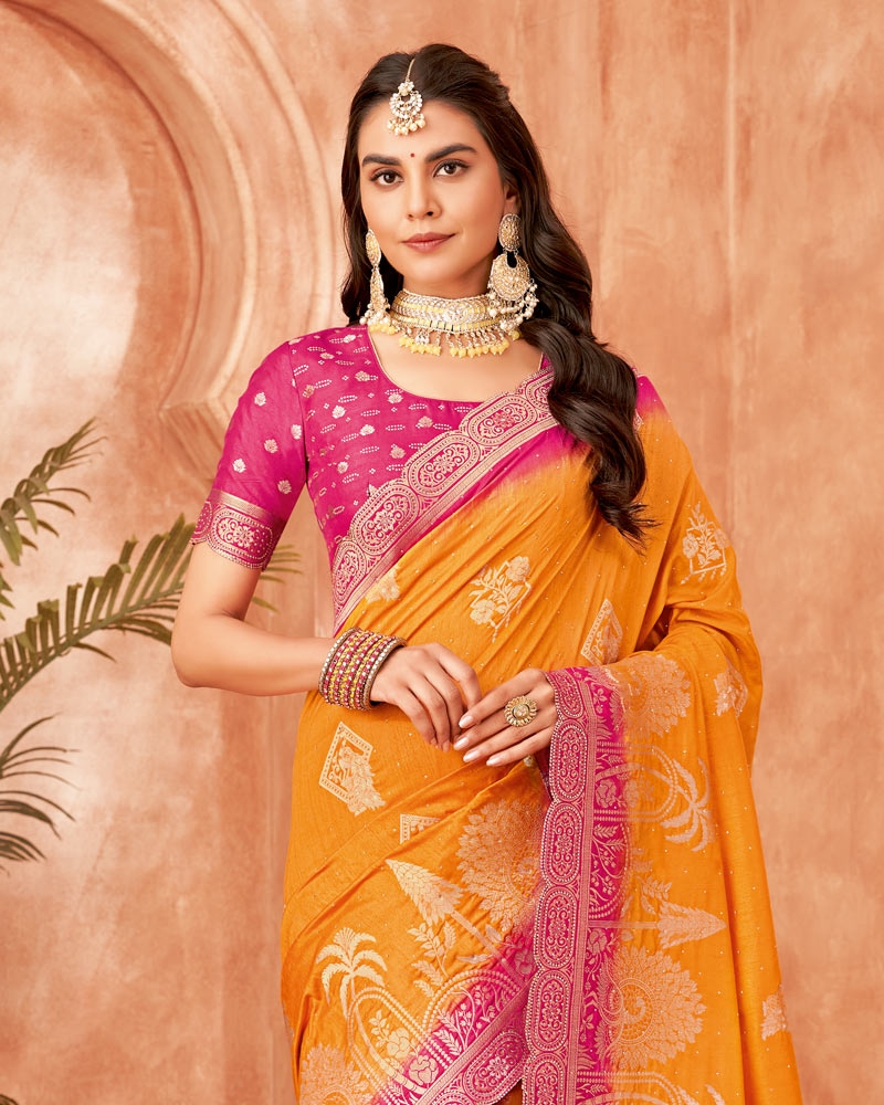 Vishal Prints Pastel Orange Designer Dola Silk Saree With Weaving-Diamond Work And Cut Work Border
