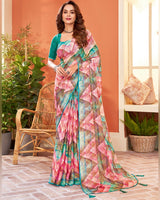 Vishal Prints Rose Pink Digital Print Fancy Brasso Saree With Core Piping And Tassel