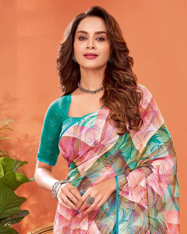 Vishal Prints Rose Pink Digital Print Fancy Brasso Saree With Core Piping And Tassel