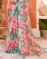 Vishal Prints Rose Pink Digital Print Fancy Brasso Saree With Core Piping And Tassel