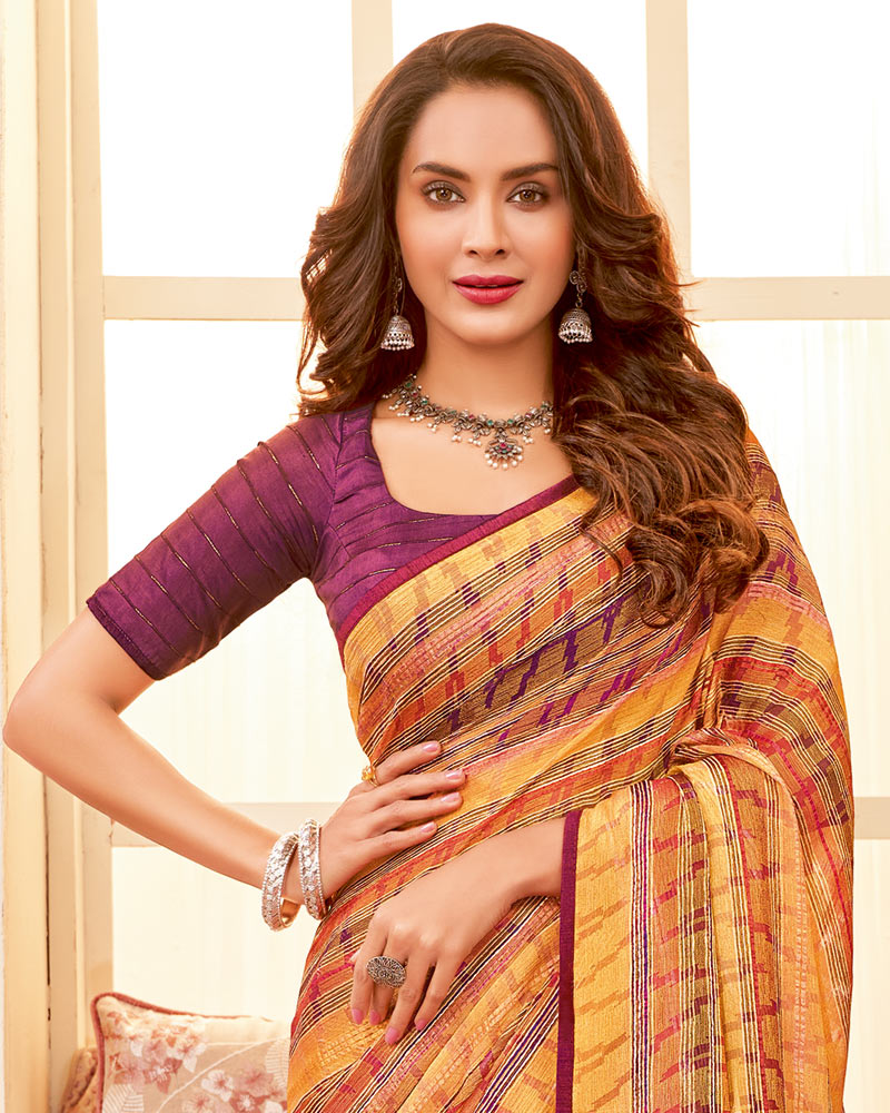 Vishal Prints Light Mustard Digital Print Fancy Brasso Saree With Core Piping And Tassel