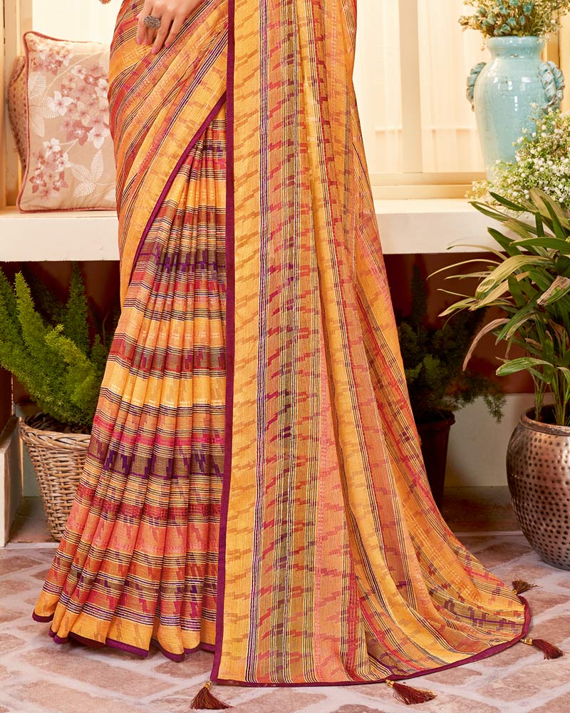 Vishal Prints Light Mustard Digital Print Fancy Brasso Saree With Core Piping And Tassel