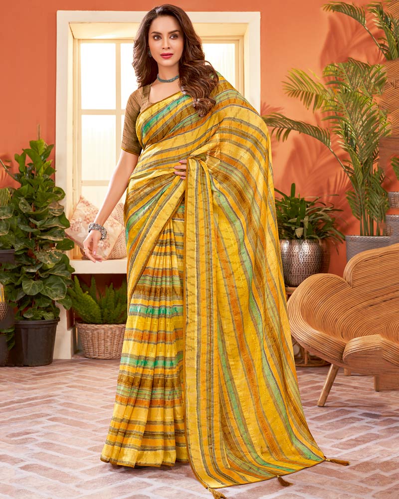 Vishal Prints Dark Yellow Digital Print Fancy Brasso Saree With Core Piping And Tassel