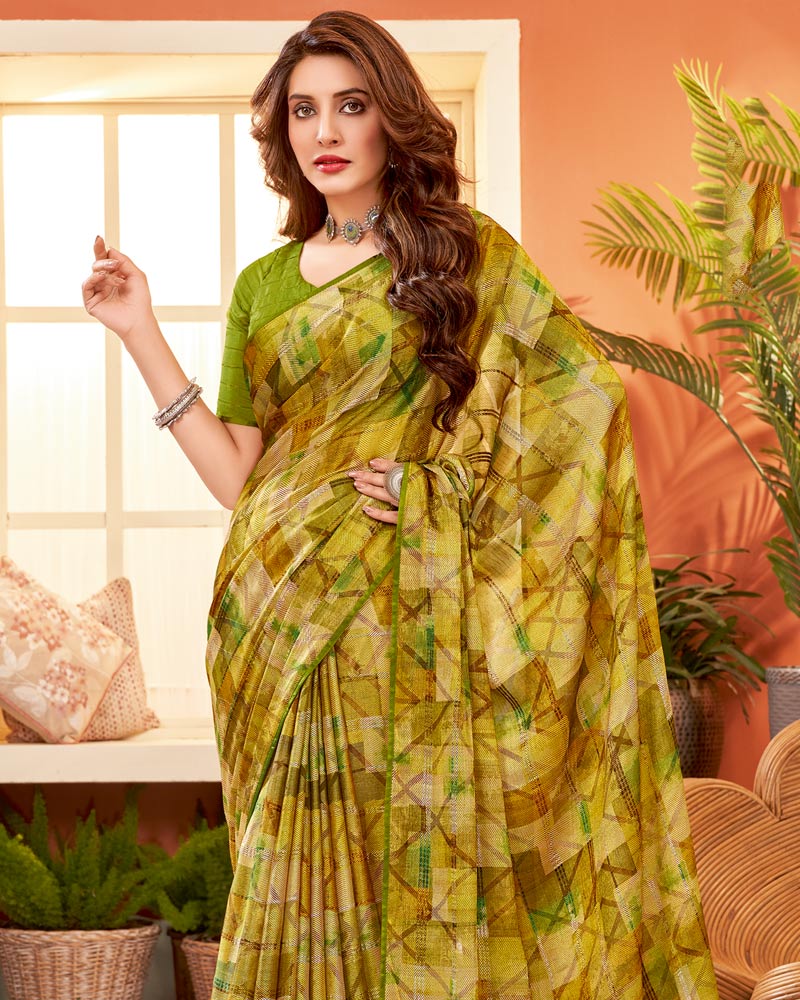 Vishal Prints Mehandi Green Digital Print Fancy Brasso Saree With Core Piping And Tassel