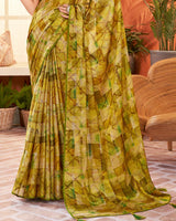 Vishal Prints Mehandi Green Digital Print Fancy Brasso Saree With Core Piping And Tassel