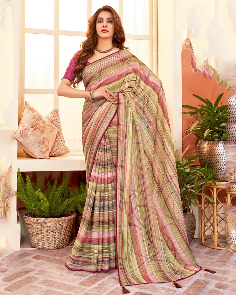 Vishal Prints Dark Sand Digital Print Fancy Brasso Saree With Core Piping And Tassel