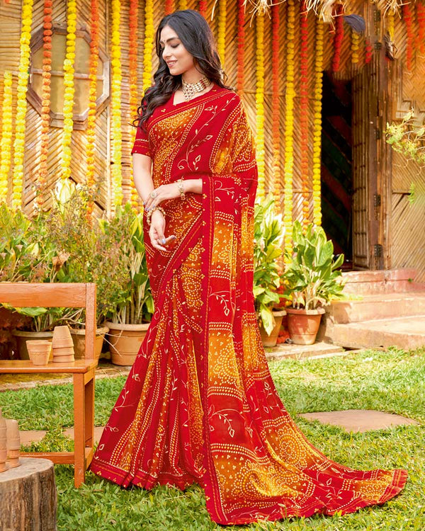 Vishal Prints Cherry Red Bandhani Print Chiffon Saree With Foil Print