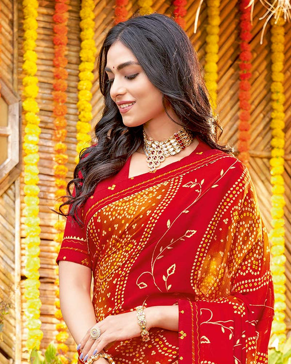 Vishal Prints Cherry Red Bandhani Print Chiffon Saree With Foil Print