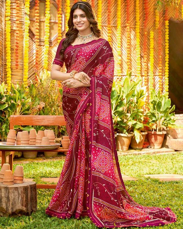 Vishal Prints Wine Bandhani Print Chiffon Saree With Foil Print