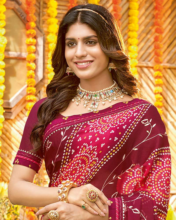 Vishal Prints Wine Bandhani Print Chiffon Saree With Foil Print