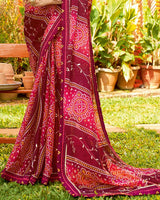 Vishal Prints Wine Bandhani Print Chiffon Saree With Foil Print