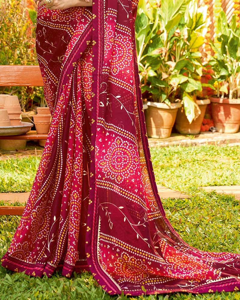 Vishal Prints Wine Bandhani Print Chiffon Saree With Foil Print