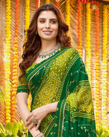 Vishal Prints Dark Green Bandhani Print Chiffon Saree With Foil Print
