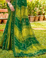 Vishal Prints Dark Green Bandhani Print Chiffon Saree With Foil Print