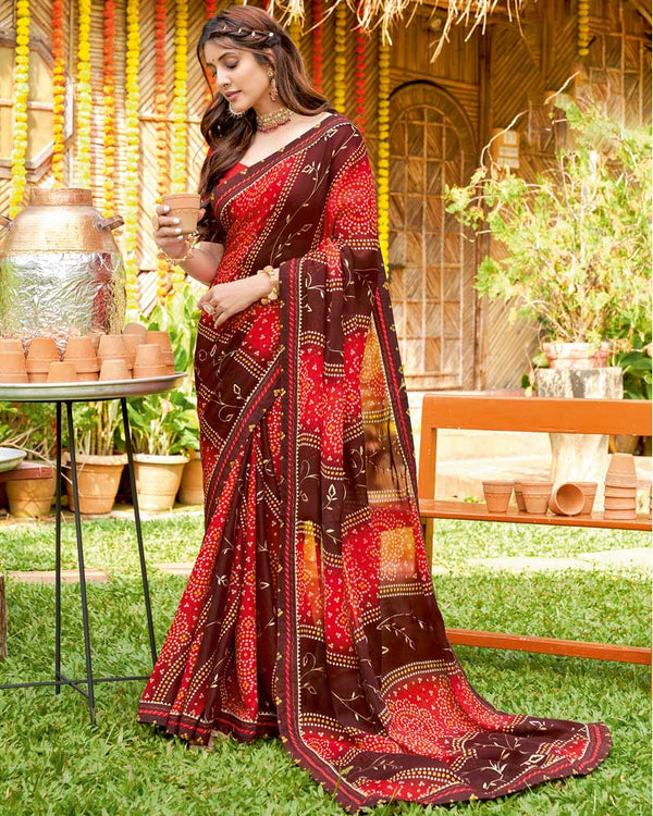 Vishal Prints Brown Bandhani Print Chiffon Saree With Foil Print