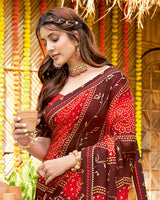 Vishal Prints Brown Bandhani Print Chiffon Saree With Foil Print