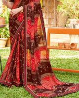 Vishal Prints Brown Bandhani Print Chiffon Saree With Foil Print