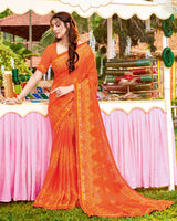 Vishal Prints Orange Bandhani Print Chiffon Saree With Foil Print