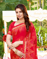 Vishal Prints Cherry Red Bandhani Print Chiffon Saree With Foil Print