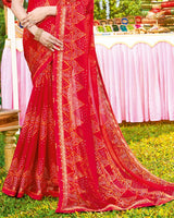 Vishal Prints Cherry Red Bandhani Print Chiffon Saree With Foil Print
