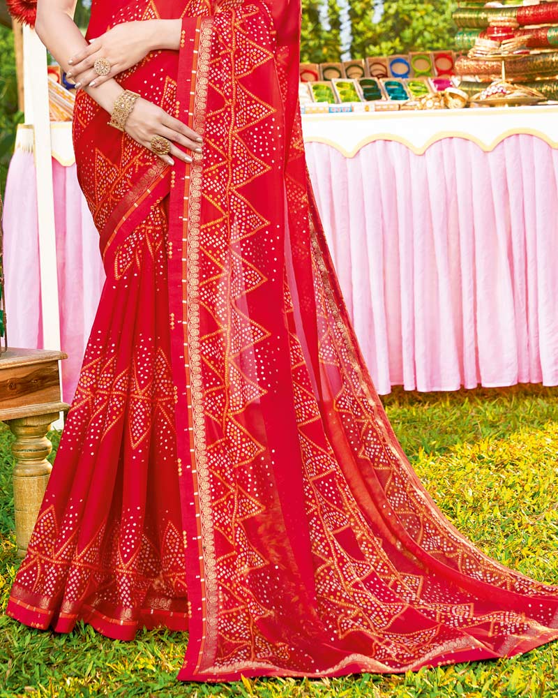Vishal Prints Cherry Red Bandhani Print Chiffon Saree With Foil Print