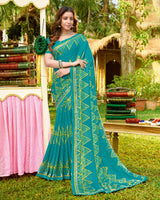 Vishal Prints Dark Turquoise Blue Bandhani Print Chiffon Saree With Foil Print