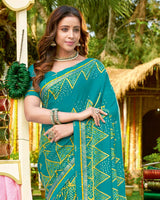 Vishal Prints Dark Turquoise Blue Bandhani Print Chiffon Saree With Foil Print